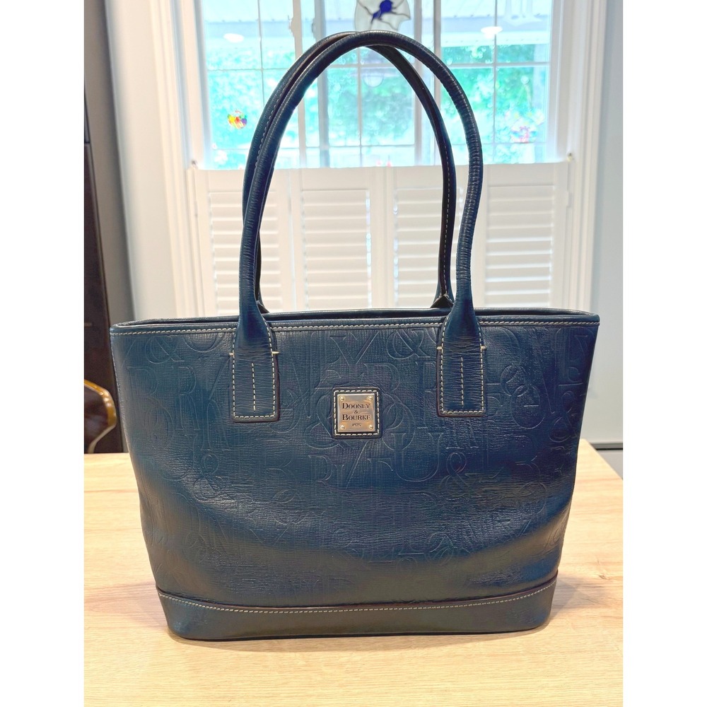 Dooney & Bourke Authentic Leather Navy Blue Red Embossed Russell Tote Bag
